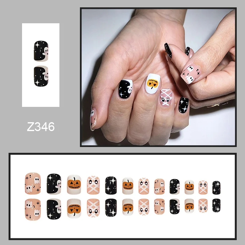 Churchf Churchf Style Halloween Pumpkin Black And White Nail Star Ghost Mysterious Festival Atmosphere Wear A Jia Piece Finished Product
