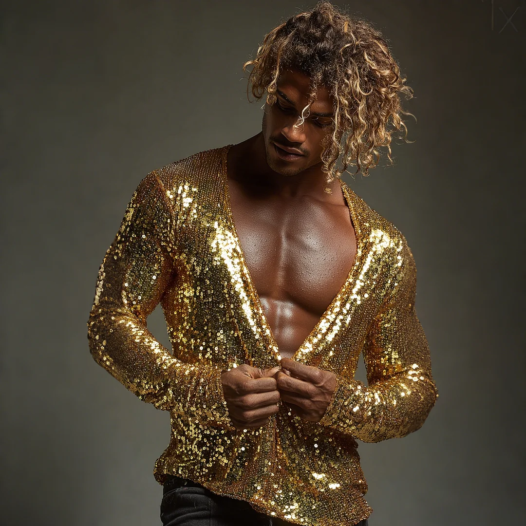 Men's Sequined Long-sleeved T-shirt With Subtle Shimmer, Sexy Low-cut Top-inspireuse