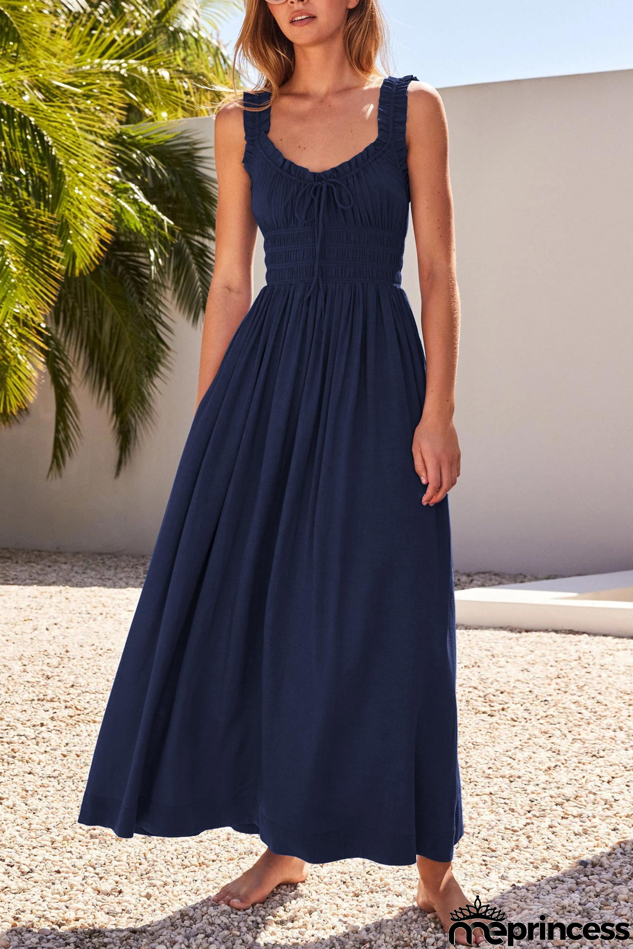 V Neck Tie-up Smocked Midi Dress