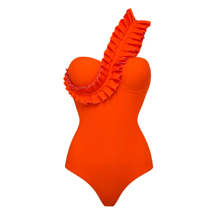 Vioye One Shoulder Ruffle One Piece Orange Swimsuit and Sarong