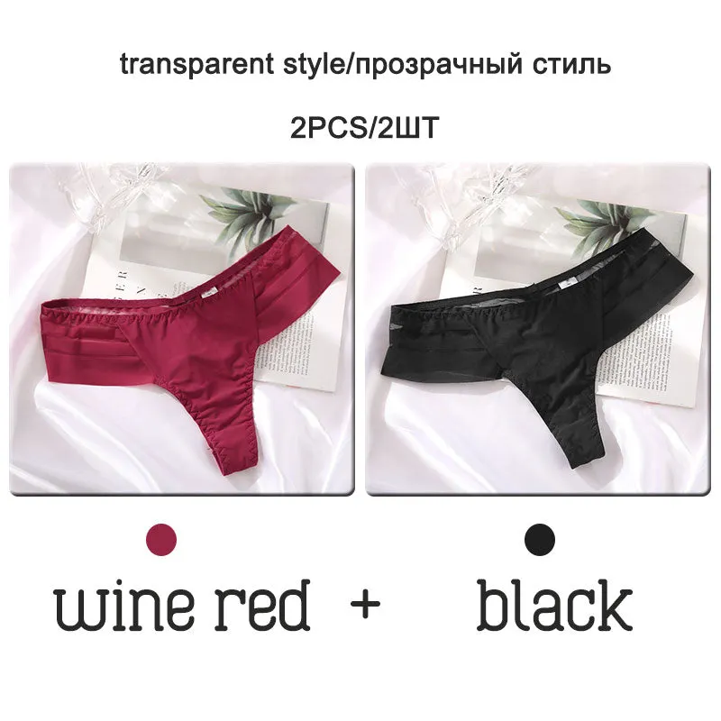 FINETOO 2Pcs/set Sexy Thongs Women Low Waist G-string Panties Fashion Hollow Out Seamless Underwear Perspective Underpants 2021