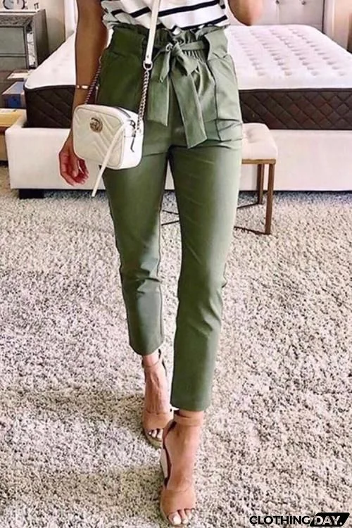 Pockets Belted Straight-leg Pants