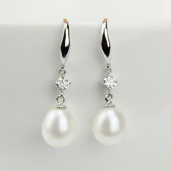 9mm cultured natural freshwater drop pearl earrings with sterling silver dangling,pearl jewelry for women
