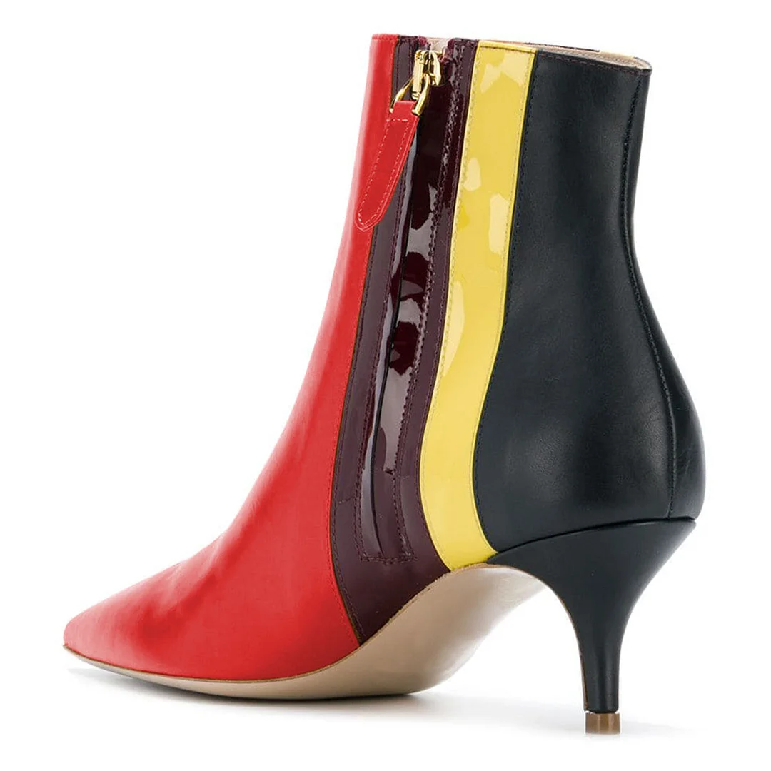 Red Kitten Heel Multicolor Stripes Pointed Toe Short Boots for Women