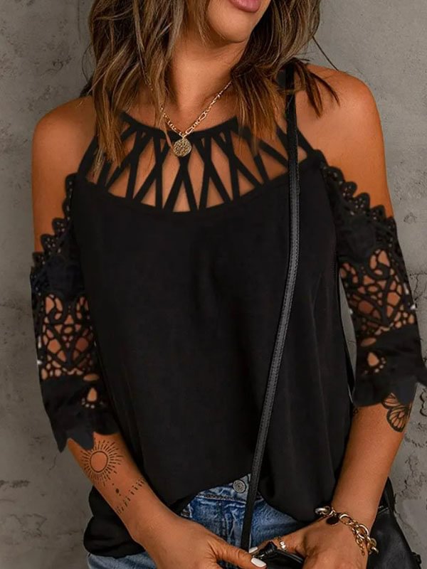 Contrast Lace Hollow Out Cold Shoulder Casual Top