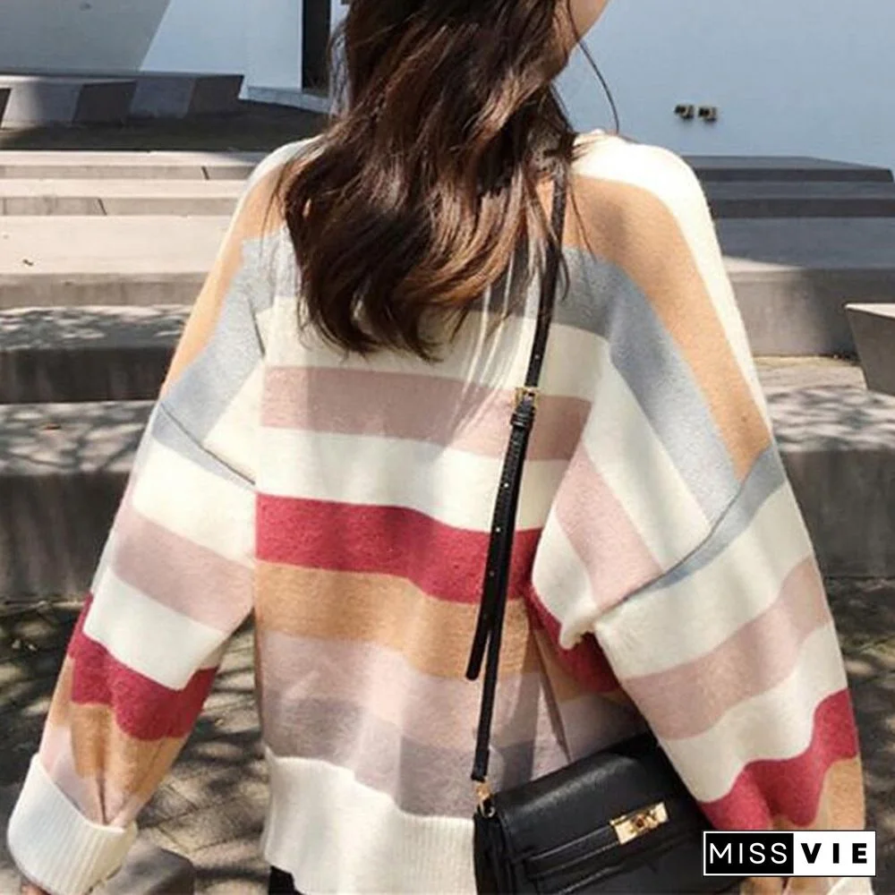 Autumn Design Elegant Stripe Sweater Women Long Sleeves Casual Knitting Sweater Korean Fashion Loose Mujer Pullover New