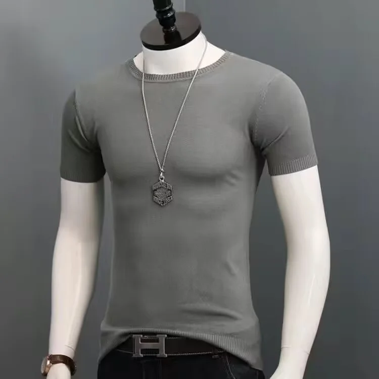 boyshy 2025 Men's Fashion Summer Slim Round Neck Tops Tees Male Short Sleeve Sweater T Shirts Men Striped Casual Knitted T - shirt D94