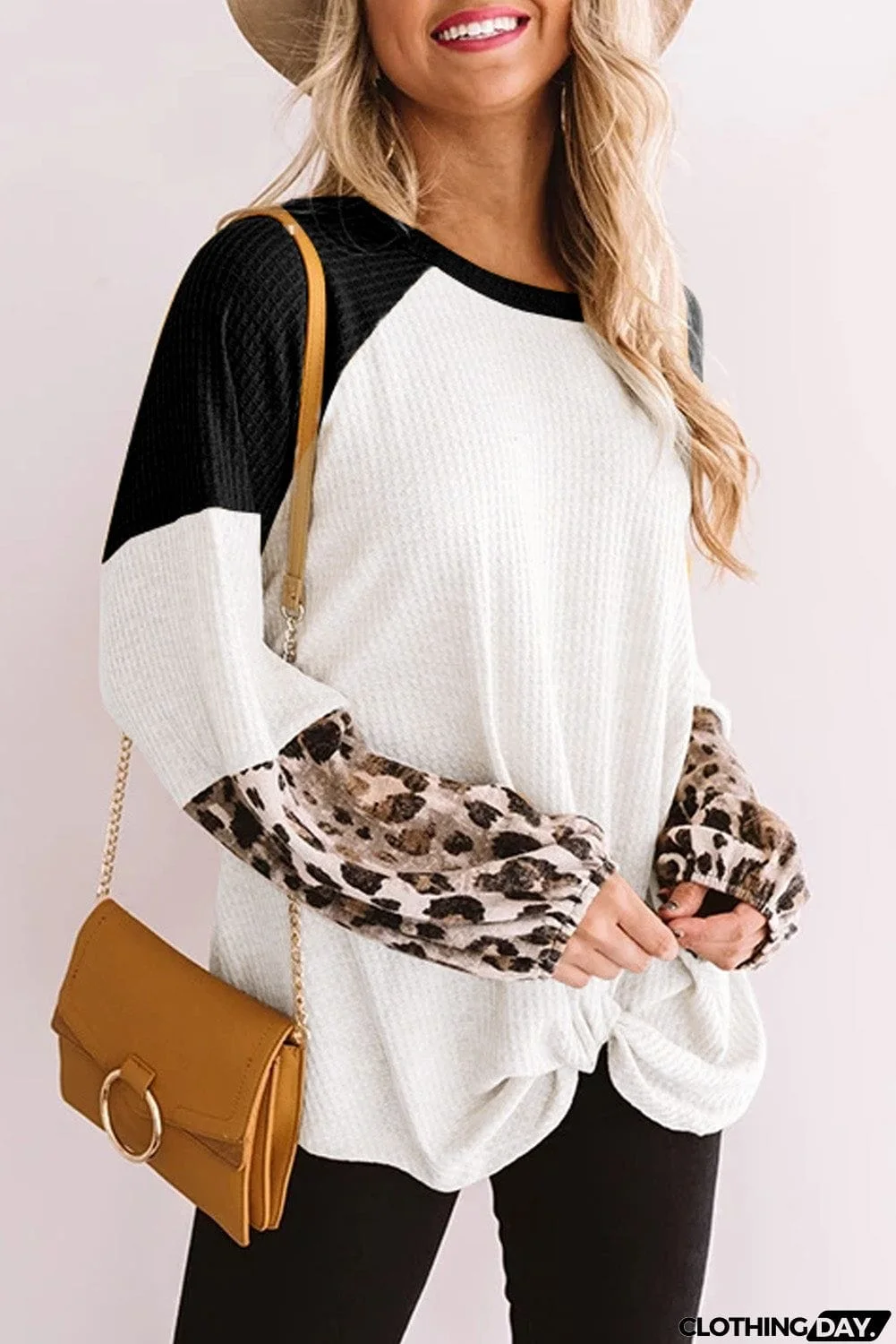 Long Sleeve Waffle Knit Orange Blouse with Twist Knot