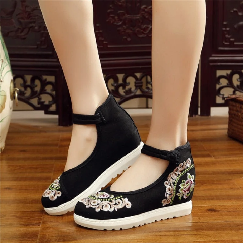 Comemore Women Red Summer Footwear Ankle Strap Spring Autumn Pumps China Beijing Embroiders Wedges Heels 2022 Buckle Cloth Shoes
