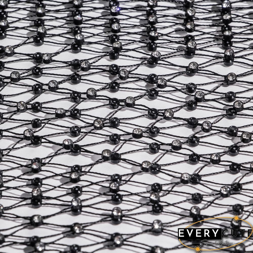 Black Rhinestone Mesh Hollow-out V Neck Crop Top