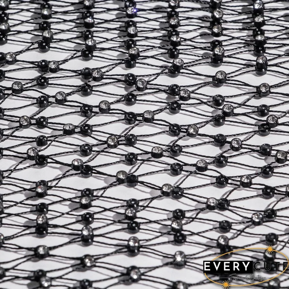 Black Rhinestone Mesh Hollow-out V Neck Crop Top