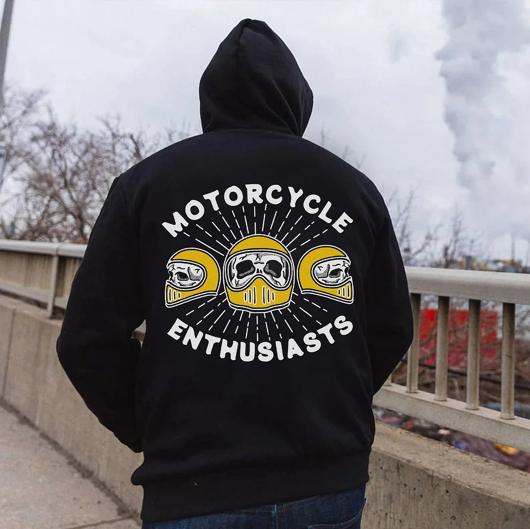 MOTORCYCLE ENTHUSIASTS Helmets Casual Graphic Black Print Hoodie
