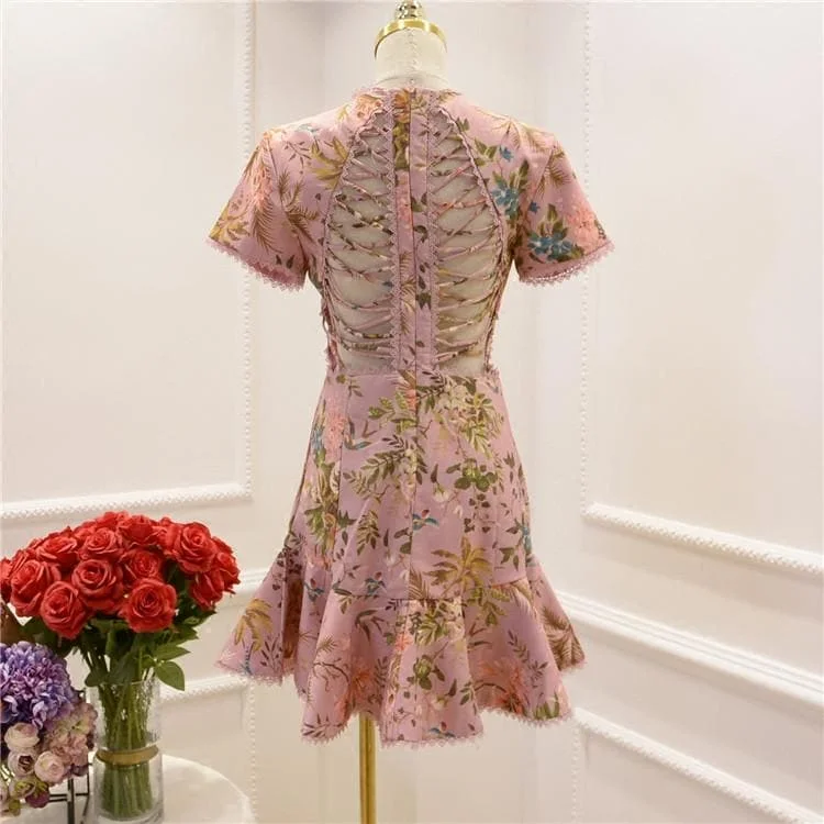 Pink/Yellow Elegant Floral Laced Dress SP179841