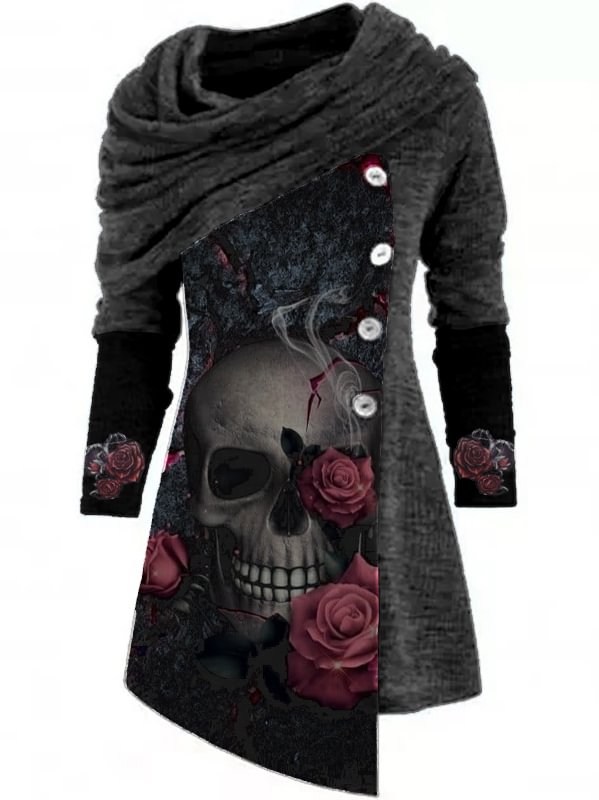 Punk Floral Skull Print Warm Knit Irregular Top