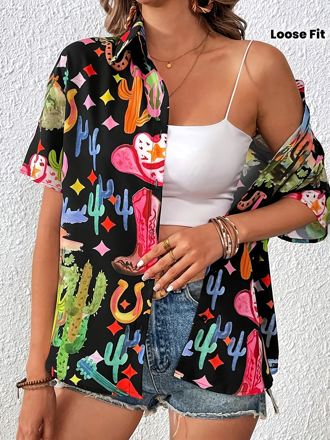 Women's Casual Summer Blouse With Vibrant Cactus & Star Print - Loose Fit, Short Sleeve, Button-Up Top For Casual Attire, Casual Attire Blouse | Vibrant Print Top | Comfortable Fit, Ladies To | IFYHOME