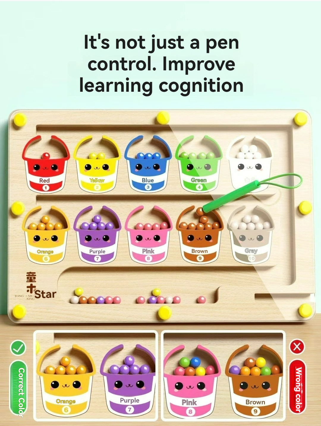 Tegooe Wooden Magnetic Maze Puzzle Board - Fine Motor Skill Color Sorting Game for Toddlers