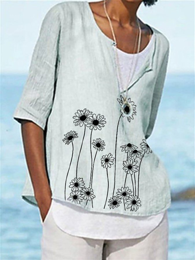 Women's Daisies Print Slit-Neck Casual Cotton Shirt