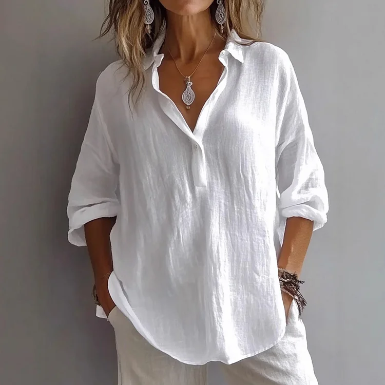 Casual Cotton And Linen Shirt Collar Half Button Blouse