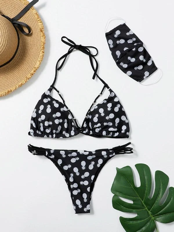 Floral-Print Bandage Triangles Split Bikini Swimsuit+Mask