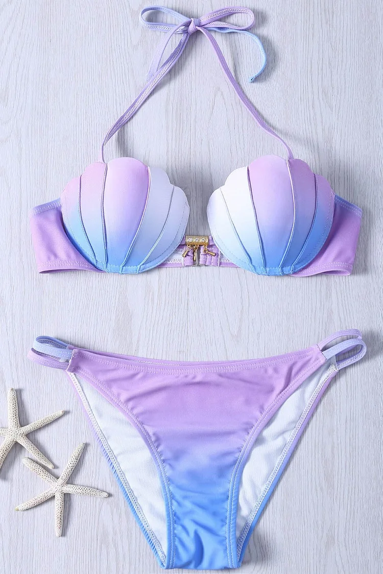 purple blue ombre halter Mermaid Seashell Top Bikini Sexy Swimsuit-elleschic