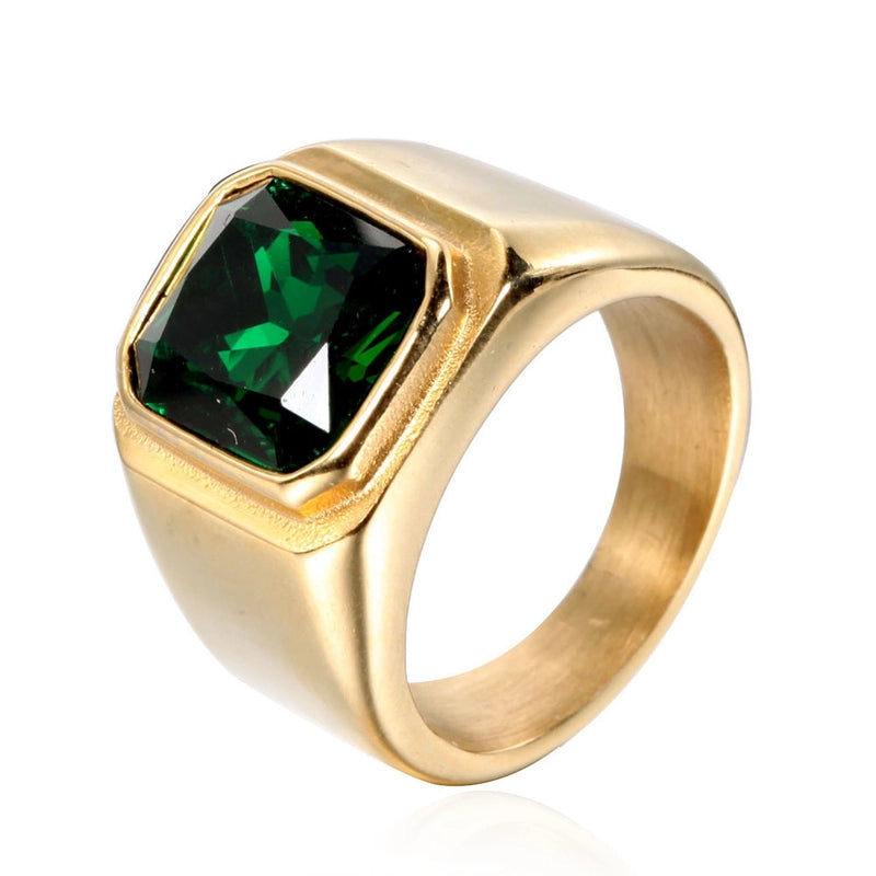 Retro Square Titanium Steel Inlay Gem Glass Stone 18K Gold Plated Men’S Rings