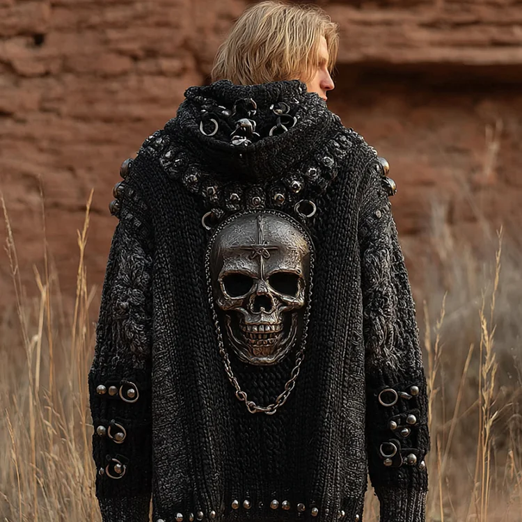 Men's Vintage Patchwork Fabric Skeleton Long-sleeved Hooded Sweater