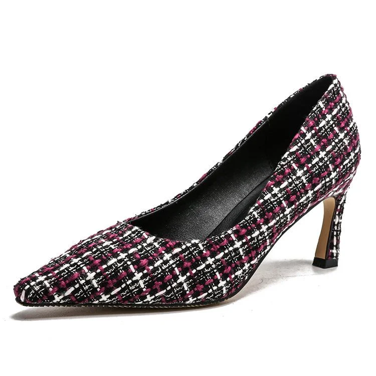 Fashion pointed soft plaid high heels women's single shoes