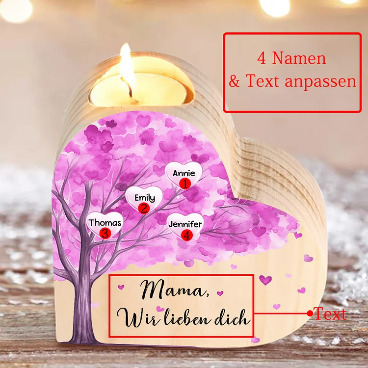 Personalisierte 4 Namen & Text Lila Baum Herzform Kerzenhalter-Geschenk für Familie