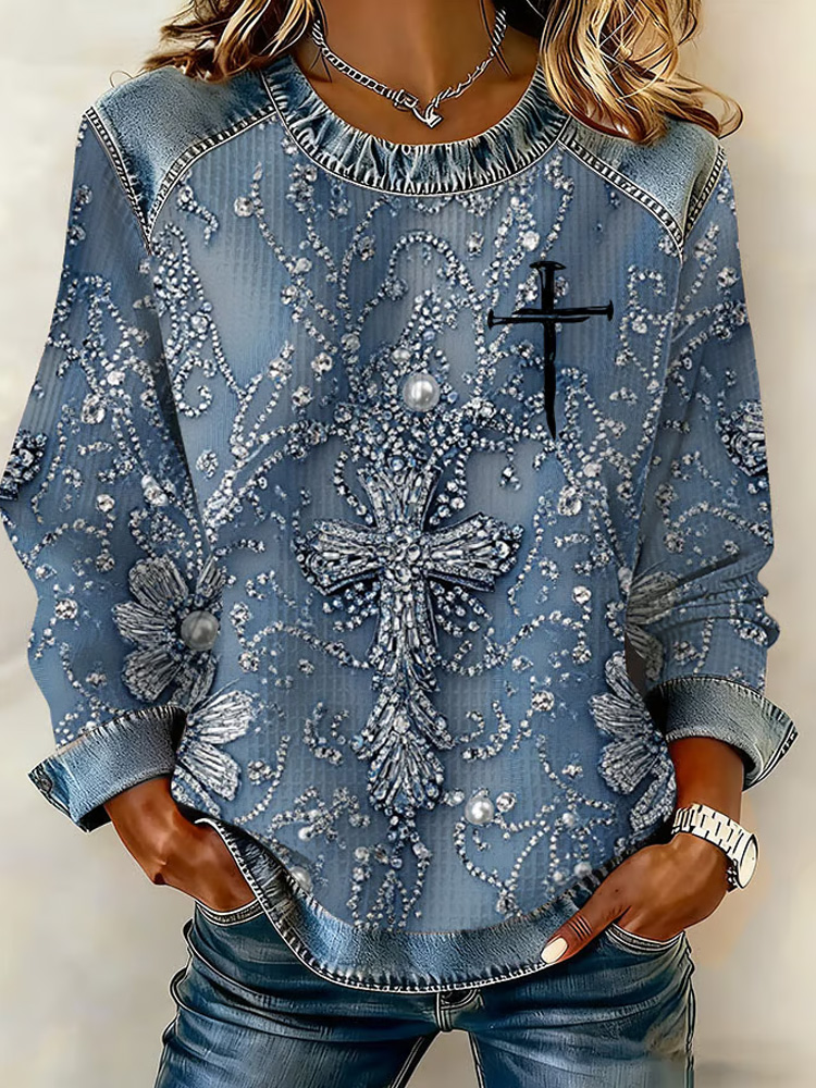 Women's Casual Cross Print Long Sleeve Sweatshirt wearshes
