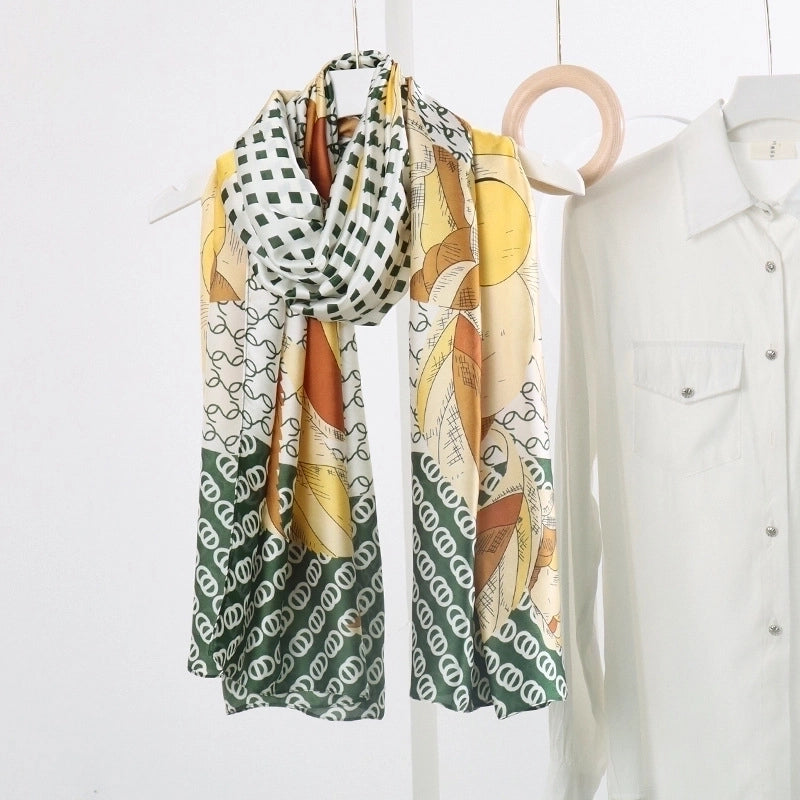 Women’s Fashion Letter Plaid Satin Printing Silk Scarves