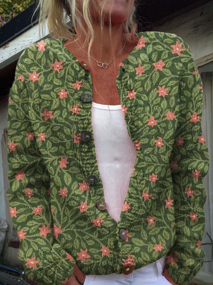 Floral Print Buttoned Casual Cardigan  Sweater
