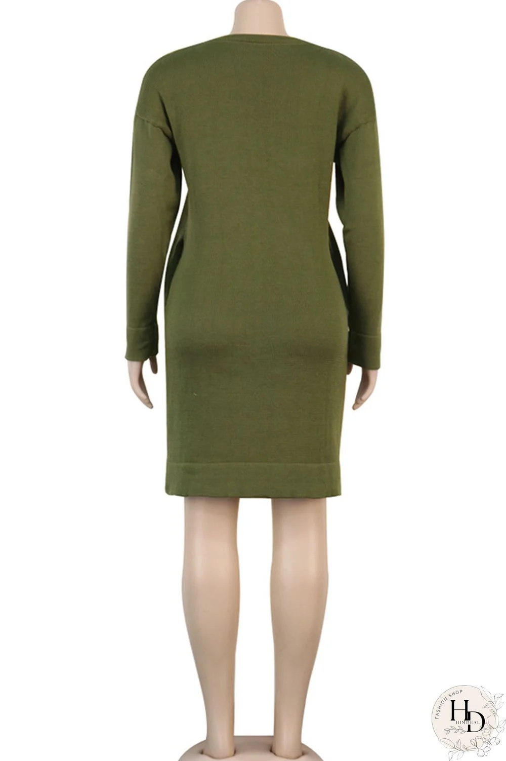 Olive green Acetyl fiber Sexy Cap Sleeve Long Sleeves V Neck Straight Knee-Length Solid