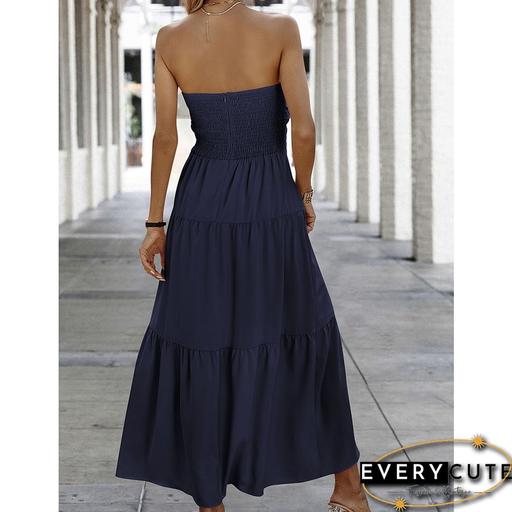 Navy Blue Twisted Bandeau Ruched Swing Maxi Dress