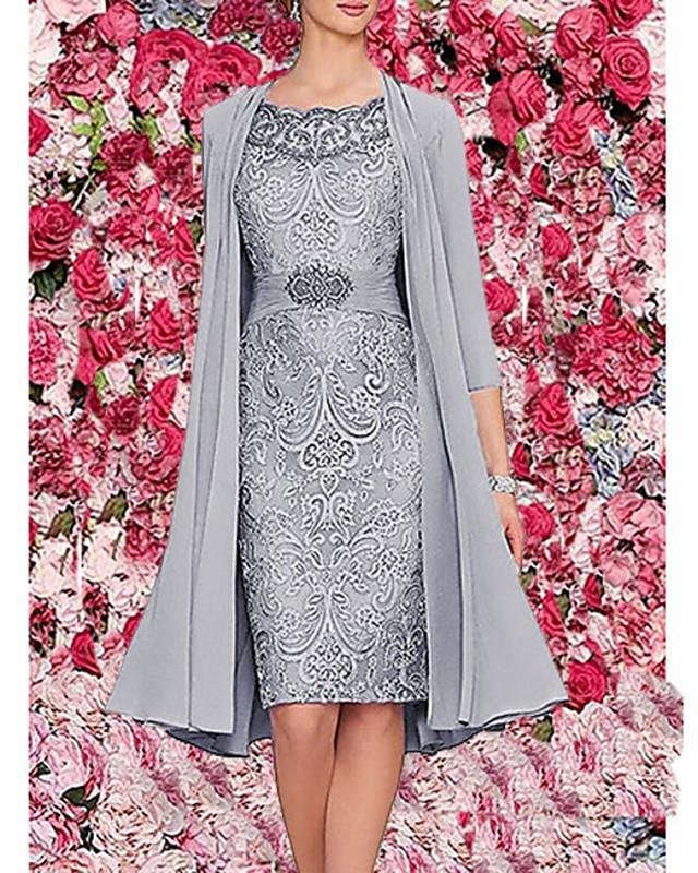 Women's Two Piece Dress Knee Length Dress 3/4 Length Sleeve Floral Jacquard Spring & Summer Hot Elegant Wine Dark Blue Gray