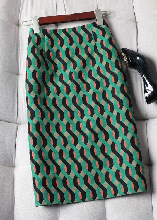 Beautiful Green Geometric Patchwork Cotton Skirts Spring