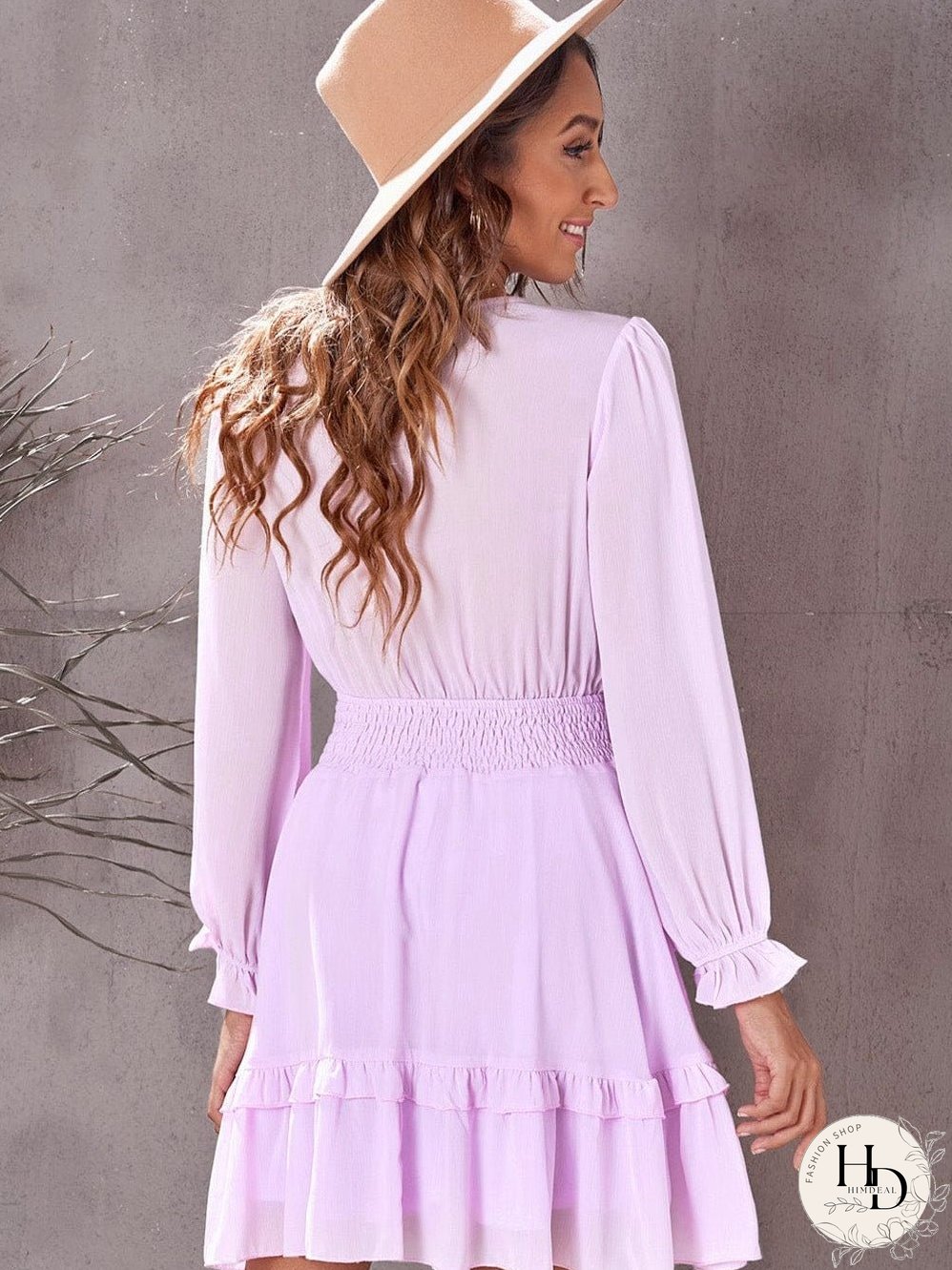 Lantern Sleeve Knotted Tiered Mini Dress with Deep V Neck