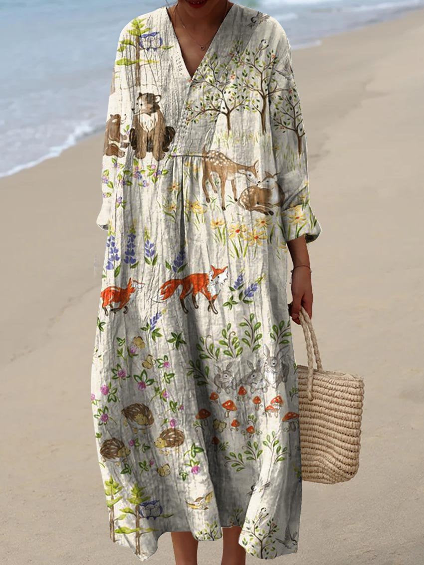 Women's Vintage Lovely Forest Animals Art Print Flowy Dress