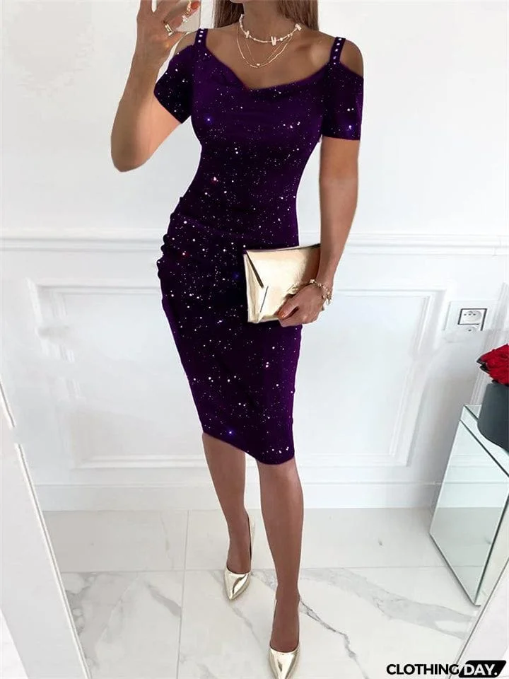 Women's Luxury Off Shoulder Short Sleeve Dazzling Sequin Dress