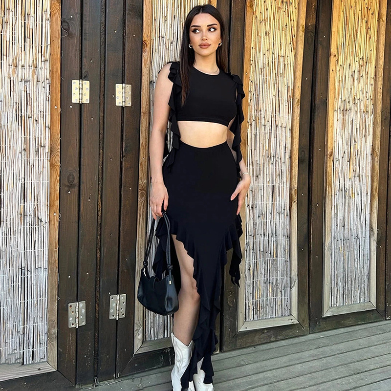 Ootddress Ruffled Tassel Patchwork 2 Piece-Set For Women High Waist Long Skirt And Crop top Outfits Solid Summer Maxi Skirt Sets