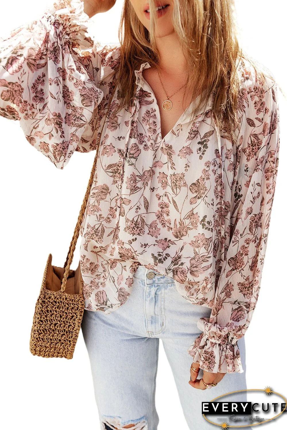 Pink Boho Floral Print Split V Neck Bubble Sleeve Blouse