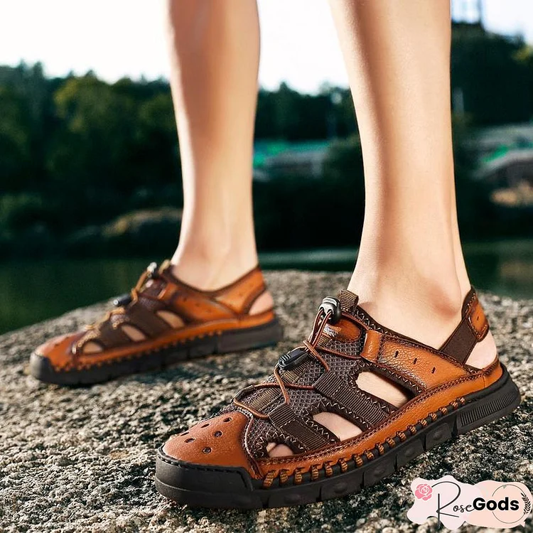 Comfortable Men's Genuine Leather Soft Sandals Big Size Retro Sewing Beach Shoes