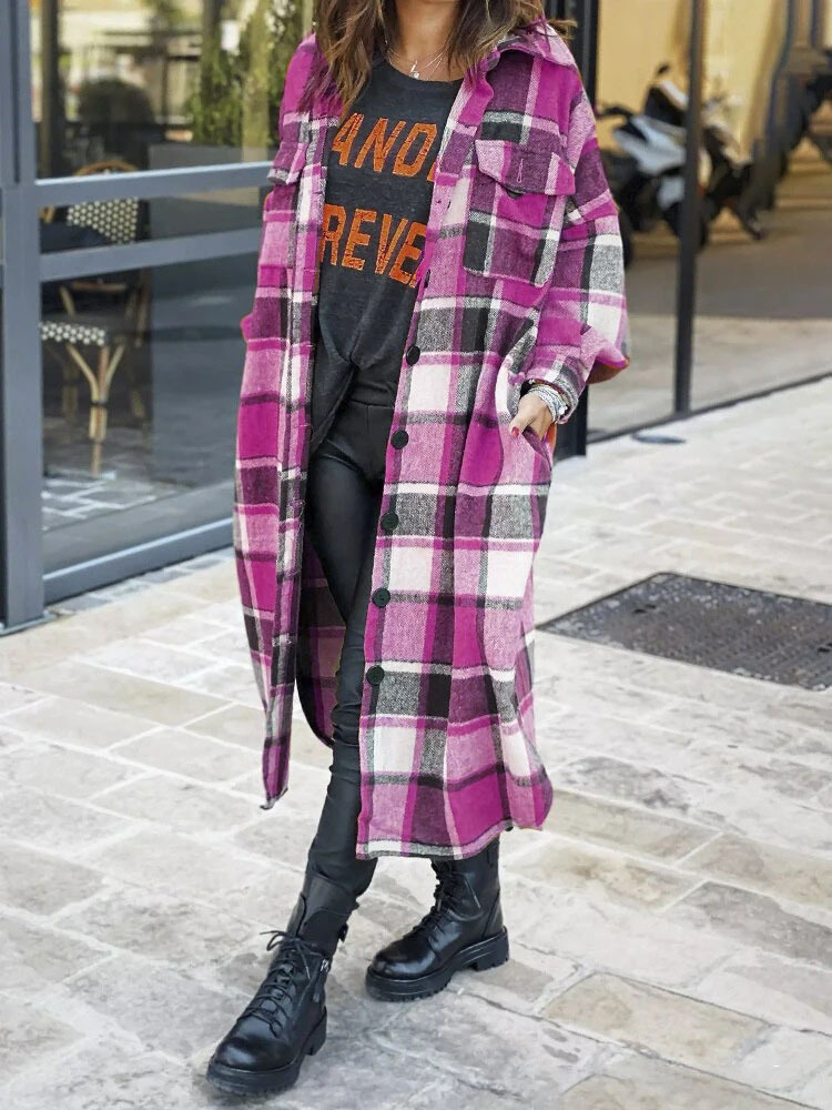  thdmladies Slim-fit women's woolen plaid shirt jacket with side slits thedmladies