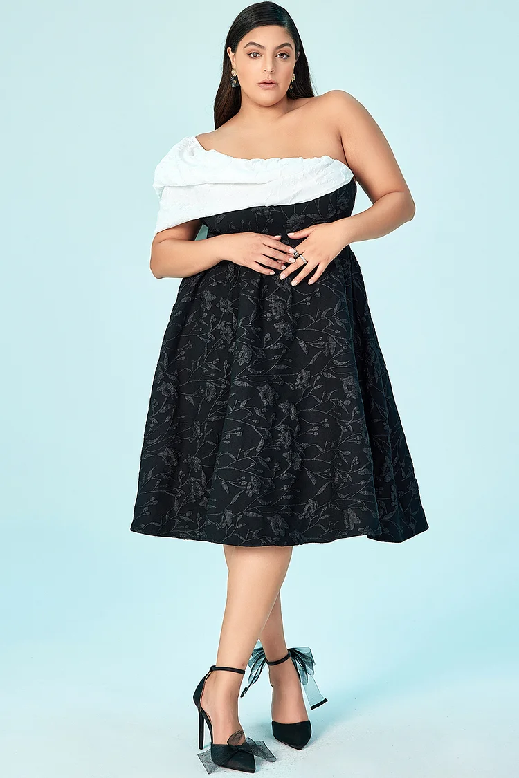 Xpluswear Design Plus Size Homecoming Dress Black White One Shoulder Midi Dress [Pre-Order]