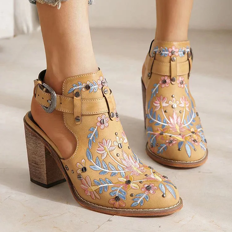 Cutout Embroidered Chunky Heels Ankle Strap Slingback Sandals shopify Stunahome.com