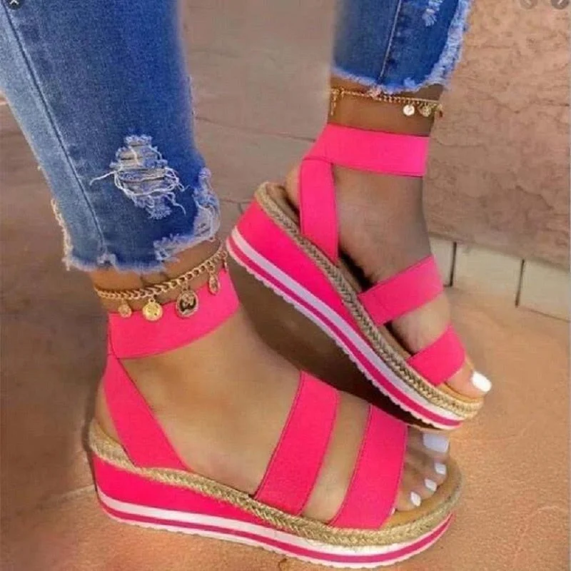 Summer Sandals Women Wedges Platform Hemp Shoes Ladies Candy Color Casual Slippers Slip On Strap Cross Shoes Plus Size 2021