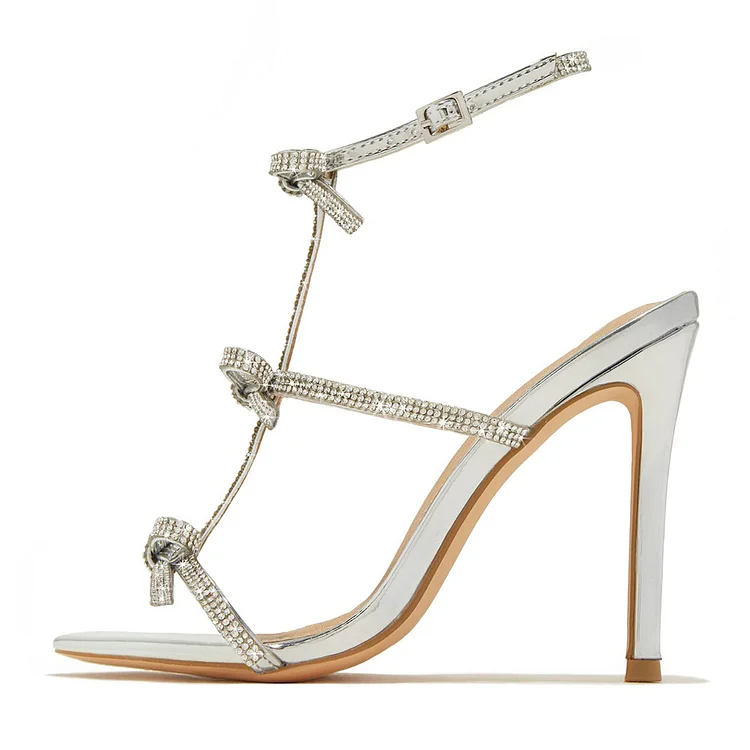 Sparkly Silver Open Toe T Strap Heels Rhinestone Bow Wedding Sandals |FSJ Shoes