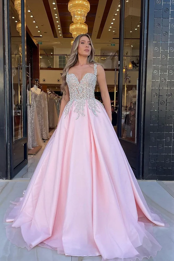 Daisda Pink Sleeveless Spaghetti Straps V-Neck A-Line Beads Prom Dress