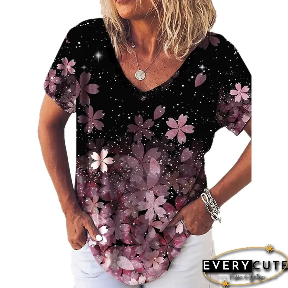 Harajuku T Shirt Women Spring/Summer New Fall Flower Mang Plant Print Short Sleeve V-Neck T-Shirt Tops