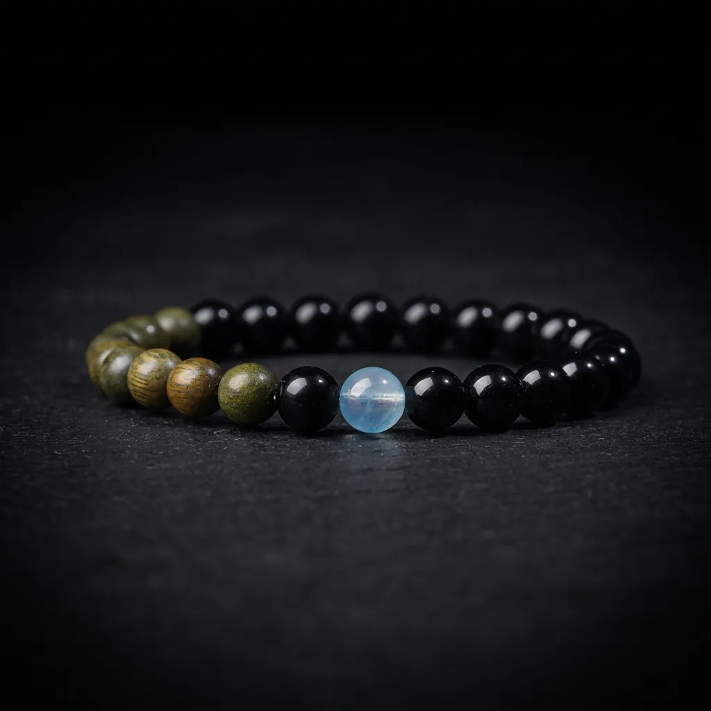 JiStones "Verdant Harmony" Bracelet &ndash; Natural Green Sandalwood, Obsidian & Aquamarine 8mm - Refined Petite