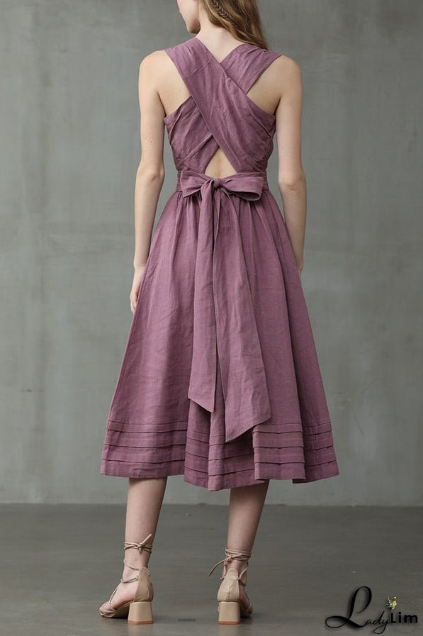 Cross Back O Neck Maxi Linen Dress